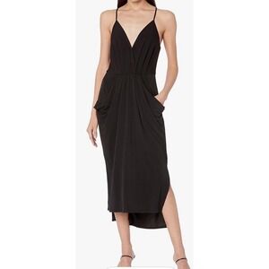 BCBGeneration Matte Jersey Draped Pleated Midi Spaghetti Straps Pocket Dress L